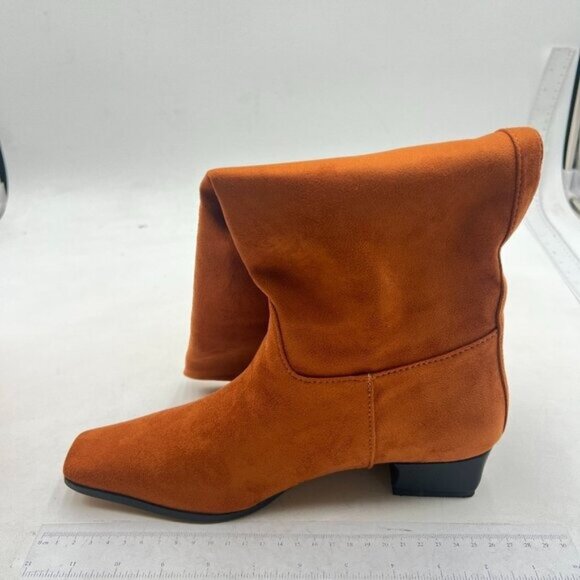 Shoes - Women Square Toe Knee High Boot Wide Calf Low Chunky Heel Flat Long Boot Orange